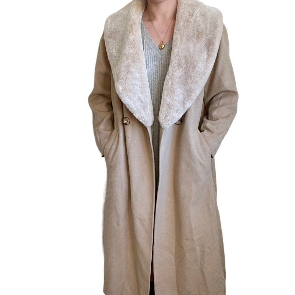 Marks & Spencer Womens Light Beige Wool Blend Faux Fur Collar Trench Coat Sz L